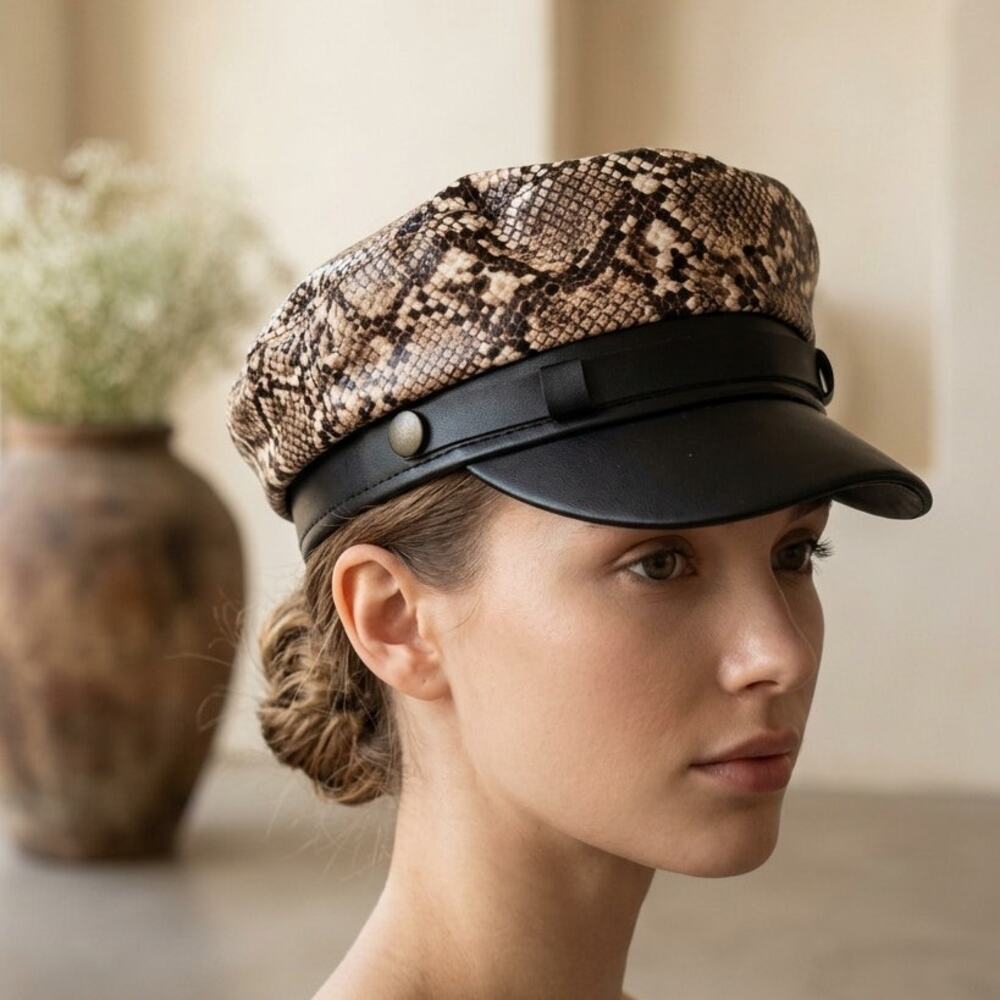 NEW Faux Leather Snakeskin Newsboy Hat Womens 57 Black Brim Snake Cabbie Cap